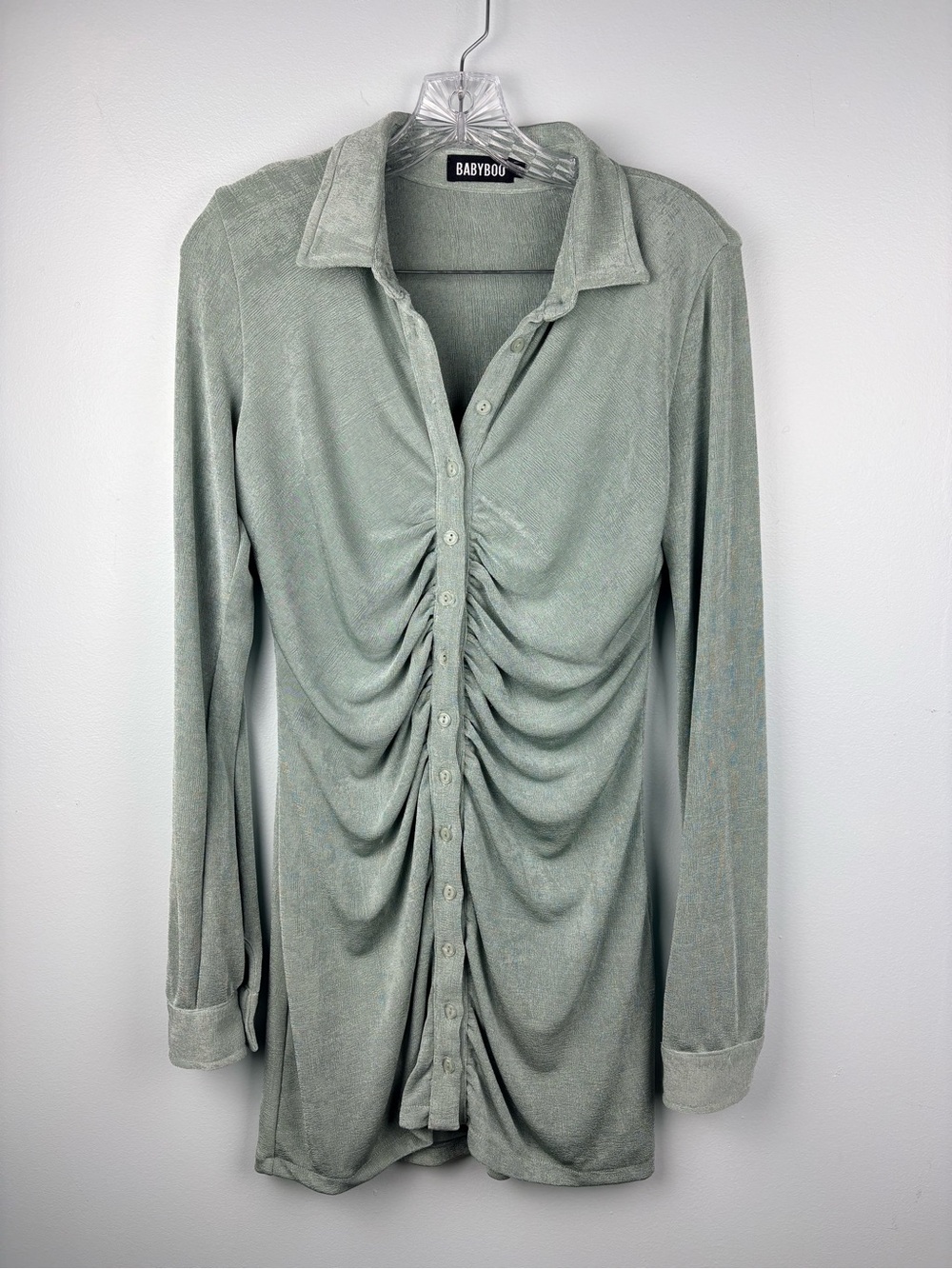 Babyboo Kyesha Sage Green Ruched Button-Up Long Sleeve Shirt Dress Sz M